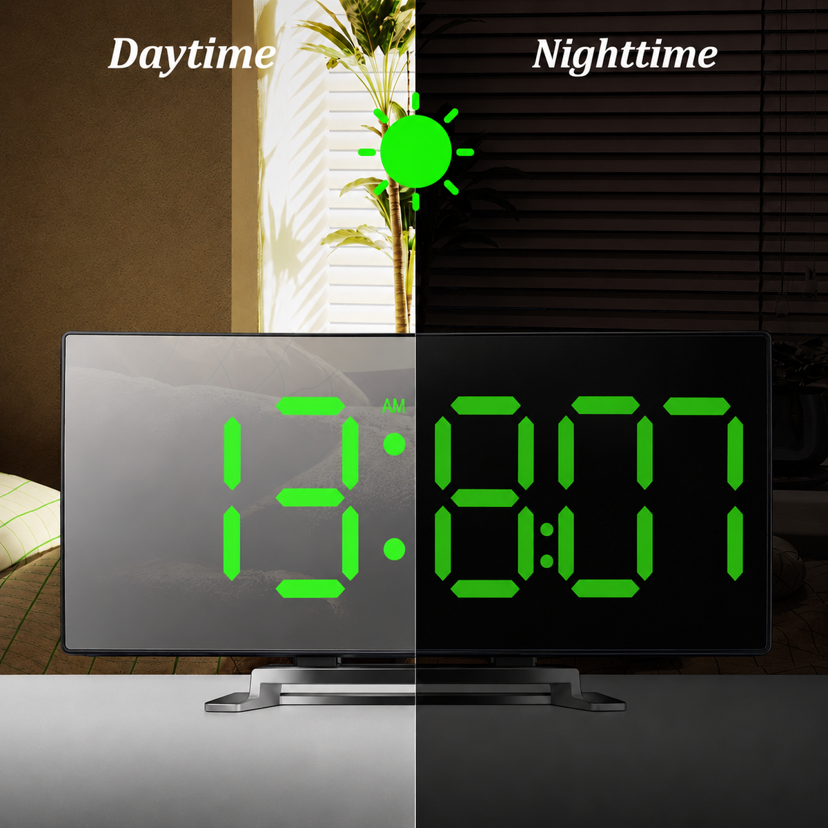Digital LED Mirror Alarm Clock | Auto Dimming Glare-Free Design