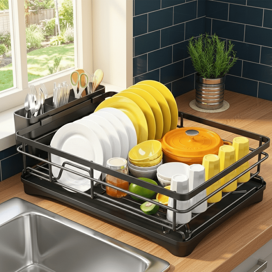 Large Dish Drying Rack with Integrated Drip Tray for Efficient Drying, Countertop Protection, and Organized Kitchen Storage