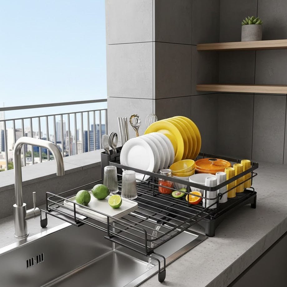 Large Dish Drying Rack with Integrated Drip Tray for Efficient Drying, Countertop Protection, and Organized Kitchen Storage