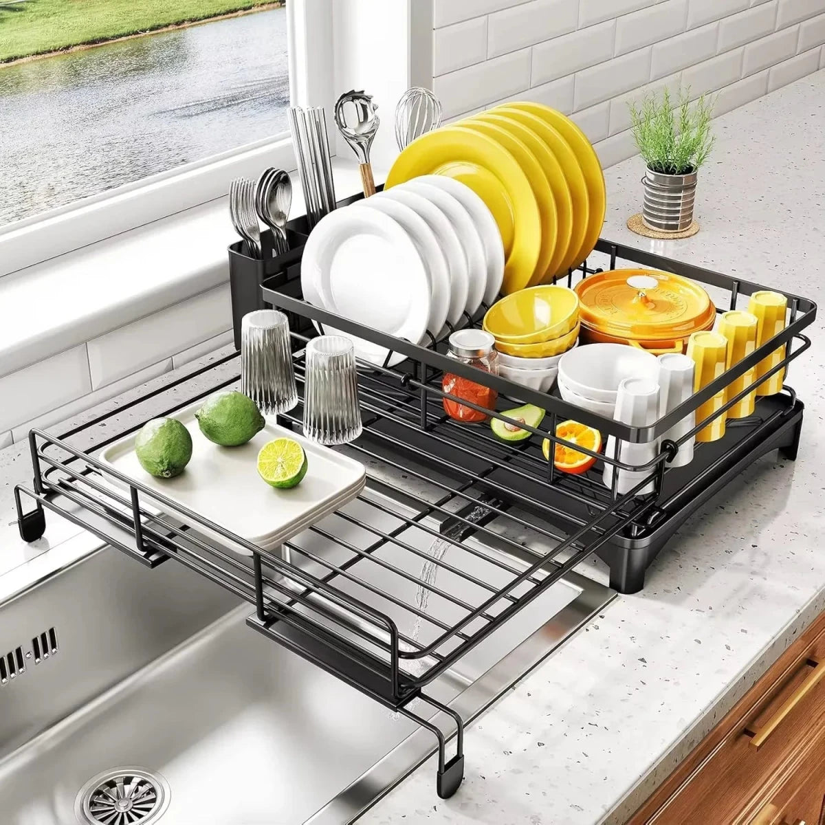 Large Dish Drying Rack with Integrated Drip Tray for Efficient Drying, Countertop Protection, and Organized Kitchen Storage