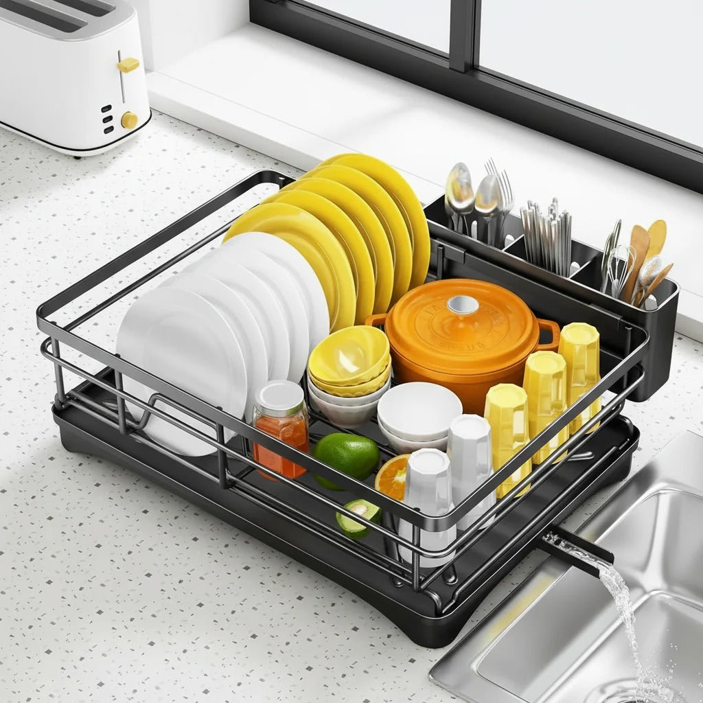 Large Dish Drying Rack with Integrated Drip Tray for Efficient Drying, Countertop Protection, and Organized Kitchen Storage