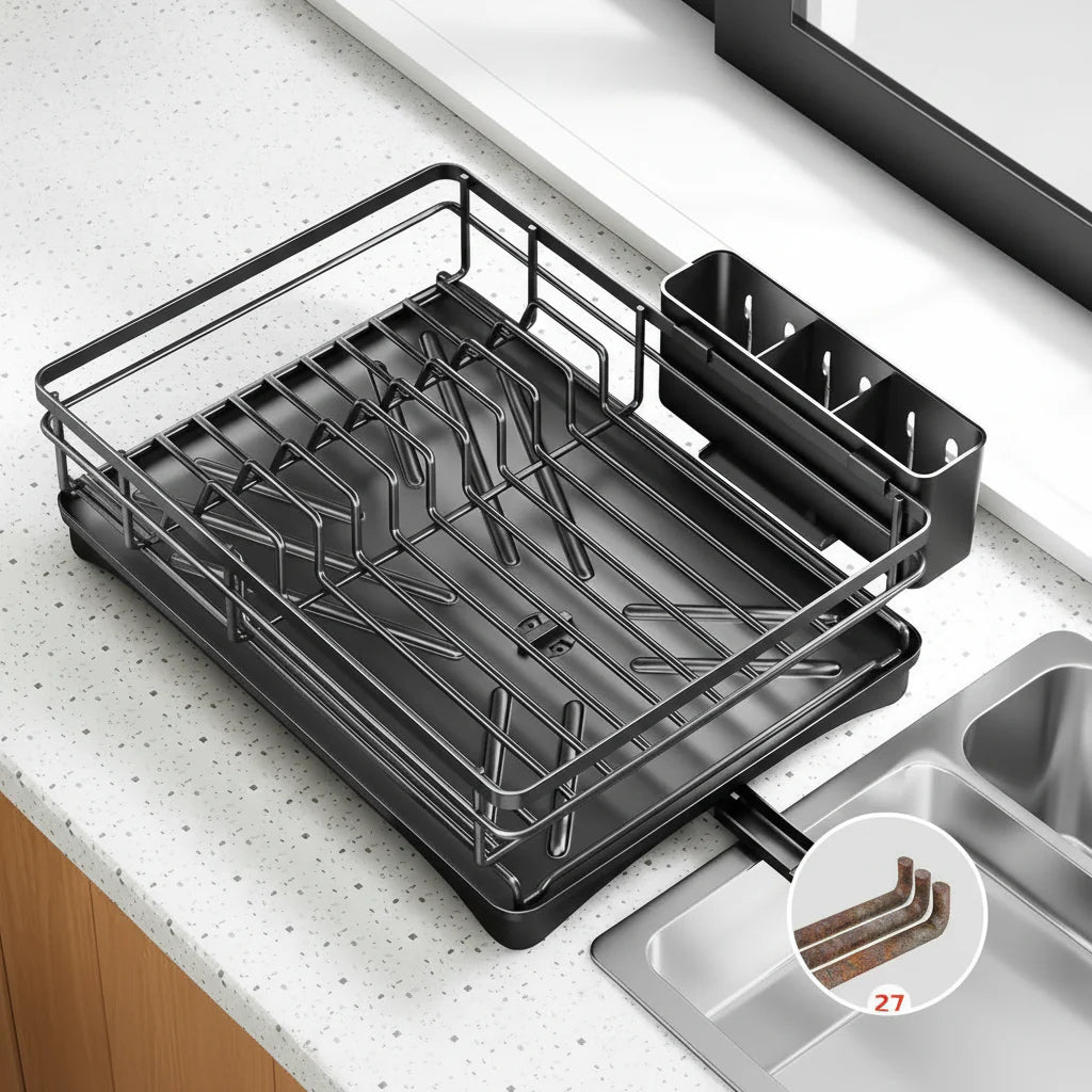 Large Dish Drying Rack with Integrated Drip Tray for Efficient Drying, Countertop Protection, and Organized Kitchen Storage