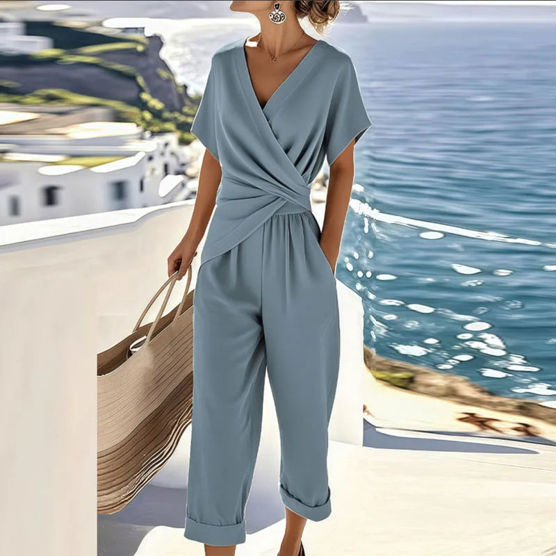 Chic Two-Piece Women's Ensemble – Wrap Top and Tailored Trousers for Sophisticated Events