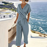 Chic Two-Piece Women's Ensemble – Wrap Top and Tailored Trousers for Sophisticated Events