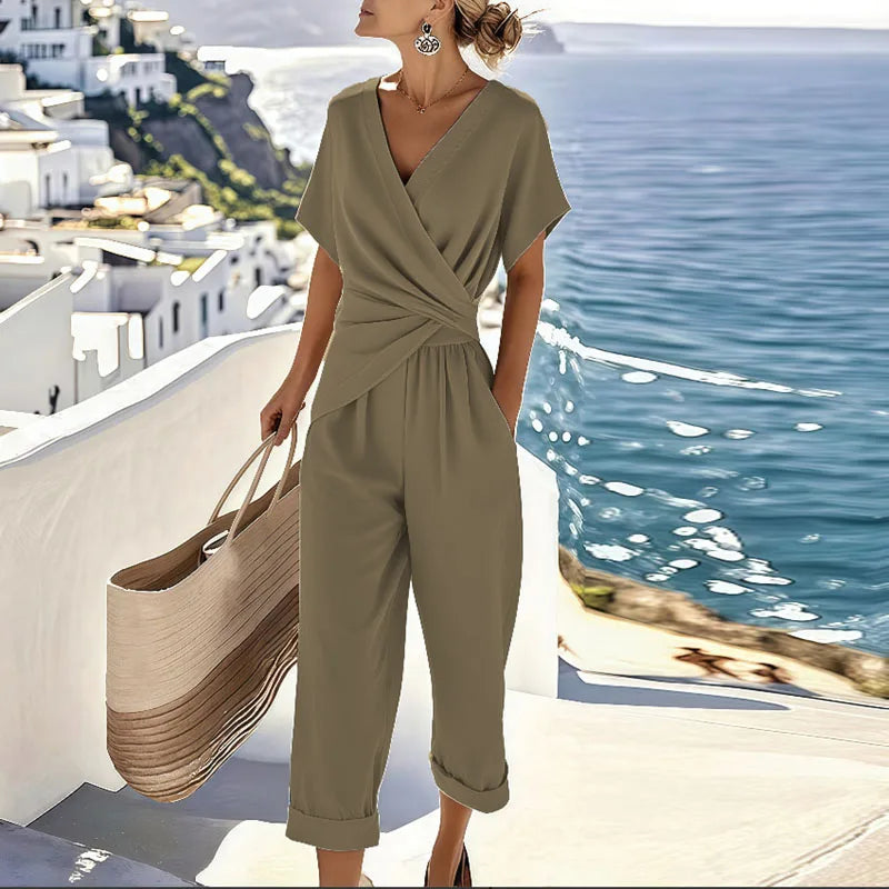 Chic Two-Piece Women's Ensemble – Wrap Top and Tailored Trousers for Sophisticated Events