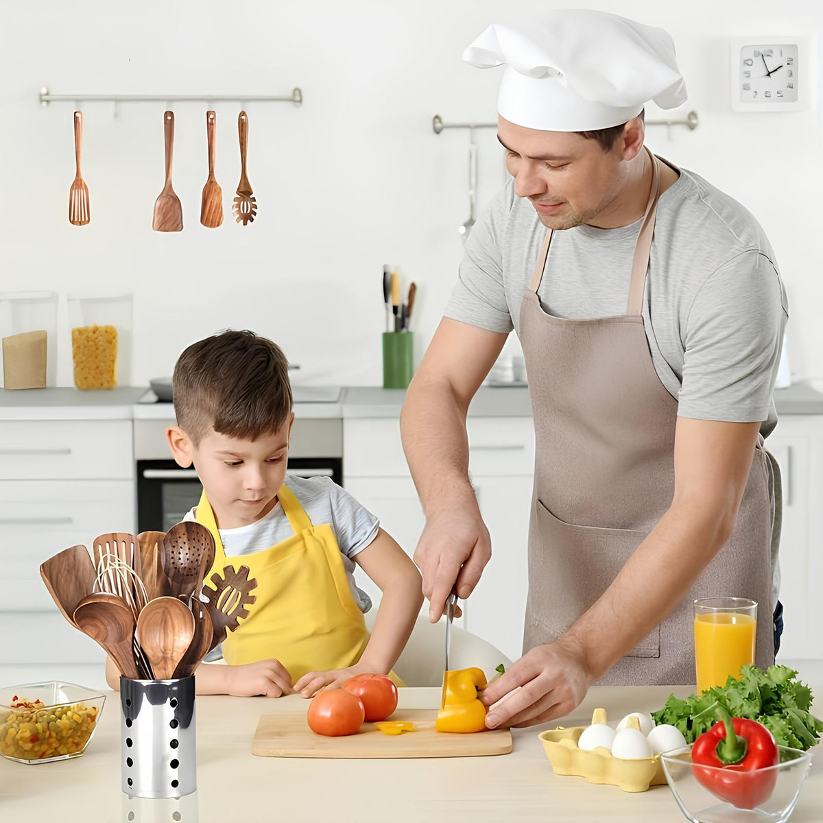 11-Piece Teak Kitchen Tool Set with Holder - Natural Wood