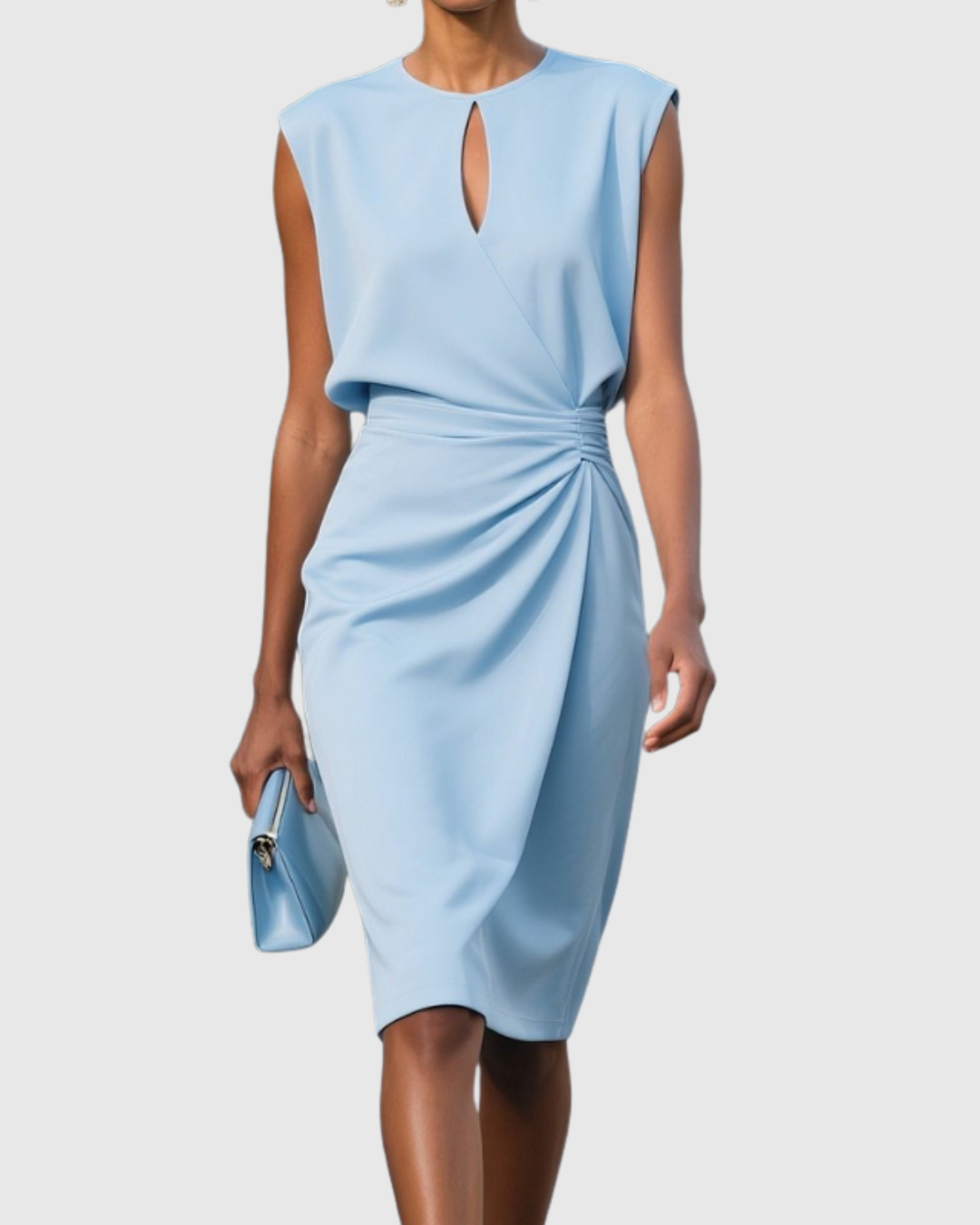 Elegant Knee-Length Festive Dress for Women – Perfect for Any Occasion with Ruching and Keyhole Neckline