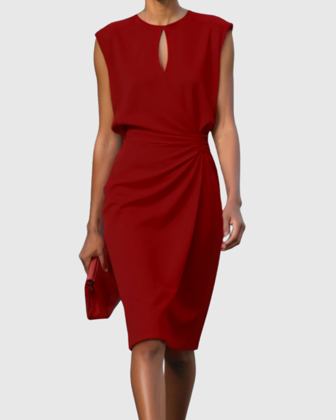 Elegant Knee-Length Festive Dress for Women – Perfect for Any Occasion with Ruching and Keyhole Neckline