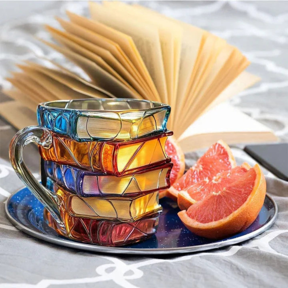 3D Glass Coffee Mug Featuring a Book Design