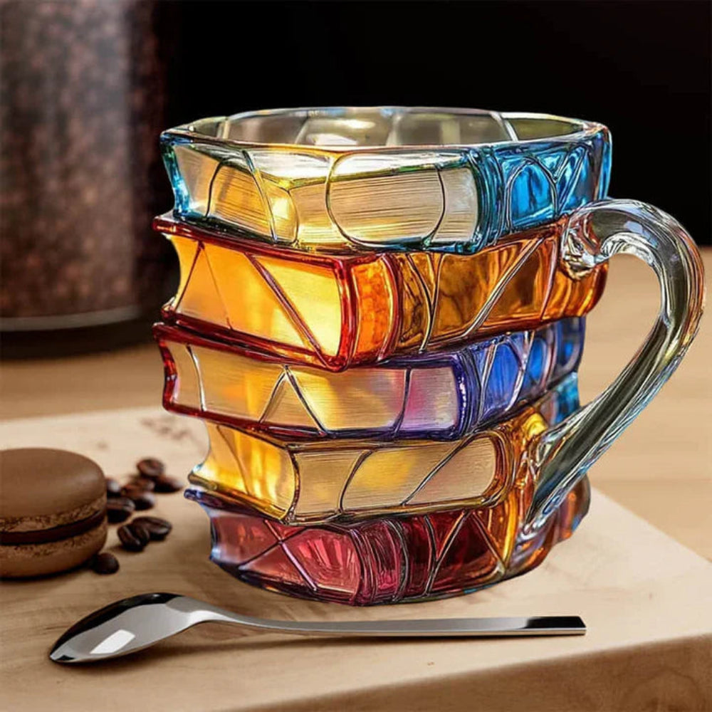 3D Glass Coffee Mug Featuring a Book Design