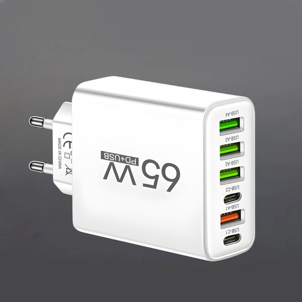 65W Fast Charging USB-C Wall Charger with 6 Ports
