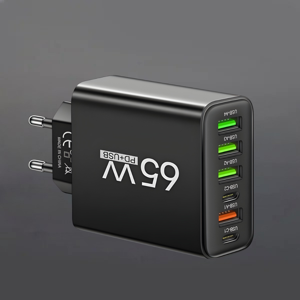 65W Fast Charging USB-C Wall Charger with 6 Ports