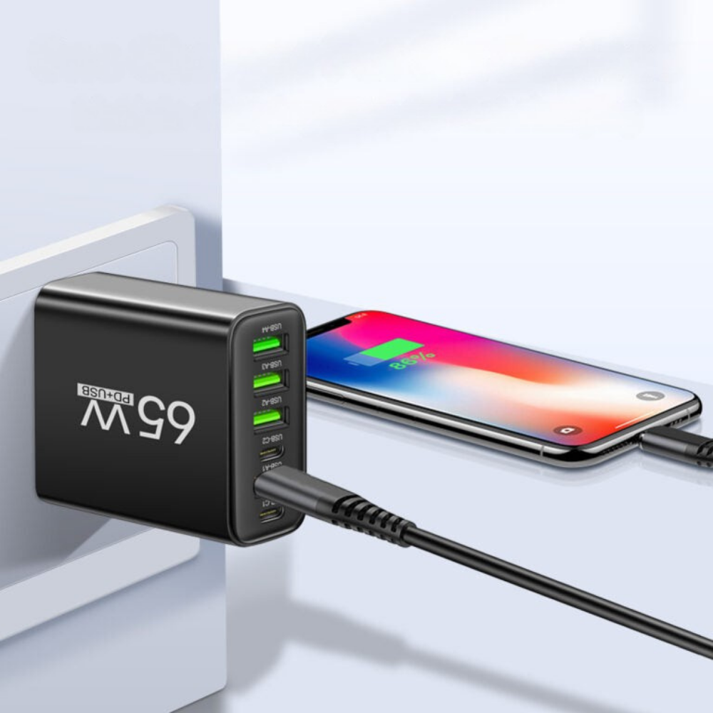 65W Fast Charging USB-C Wall Charger with 6 Ports