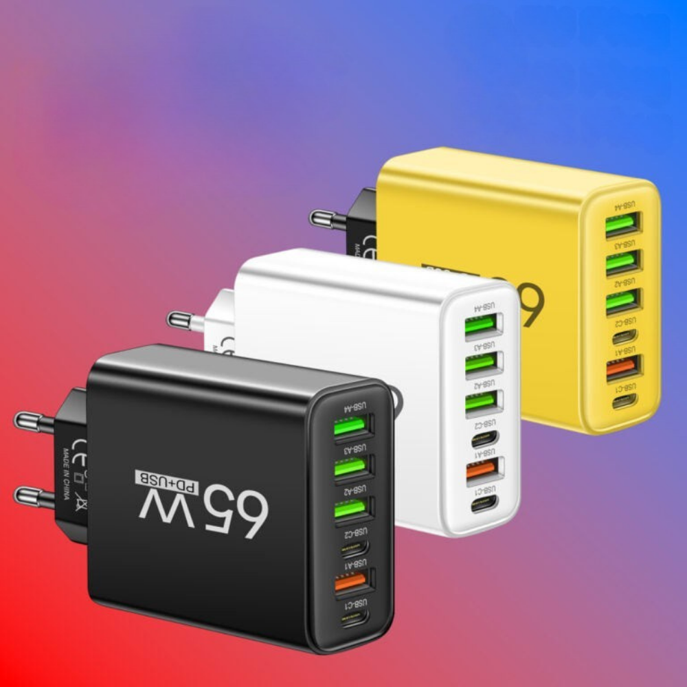 65W Fast Charging USB-C Wall Charger with 6 Ports