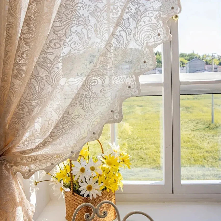 French Country Style Lace Curtain with Beaded Phoenix Tail Detail