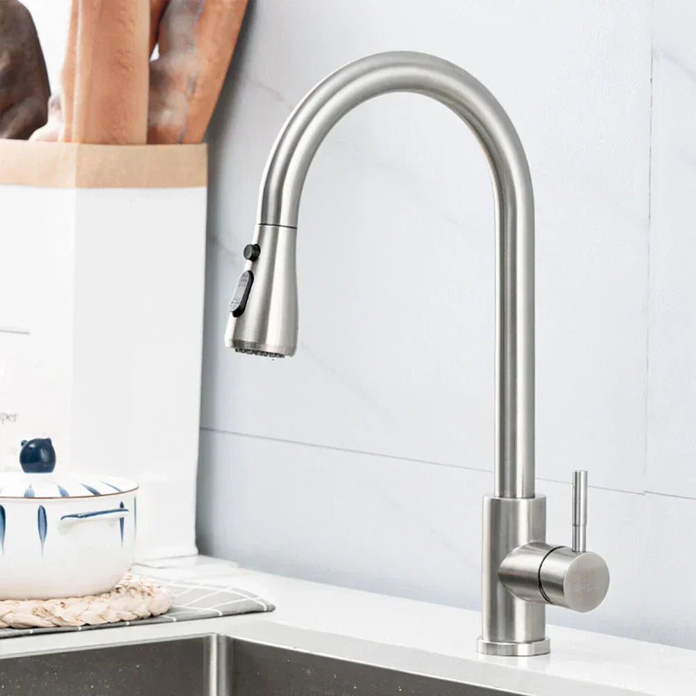 Pull-Out Faucet with Single Lever Mixer – Flexible Faucet with Shower Function, High Quality Stainless Steel, Ideal for Modern Kitchens, Easy Installation
