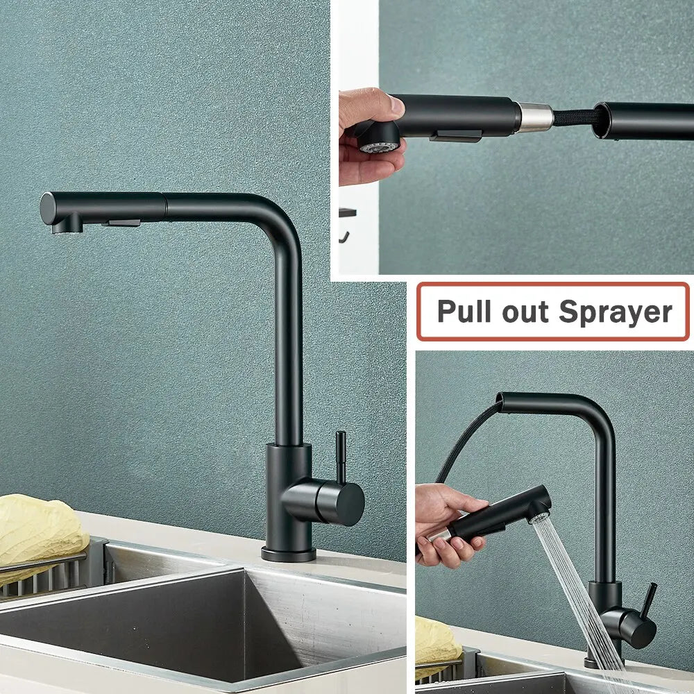 Pull-Out Kitchen Faucet - Flexible 2-Mode Stream and Spray Head, Stainless Steel Hot-Cold Water Mixing Fixture