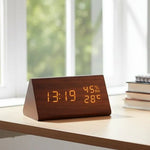 Wooden Look LED Alarm Clock with Three Alarms, Temperature Display, and Adjustable Brightness