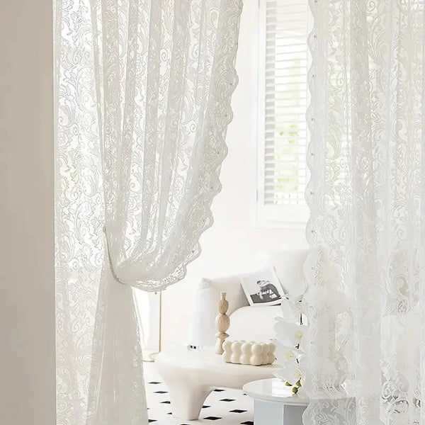 French Country Style Lace Curtain with Beaded Phoenix Tail Detail