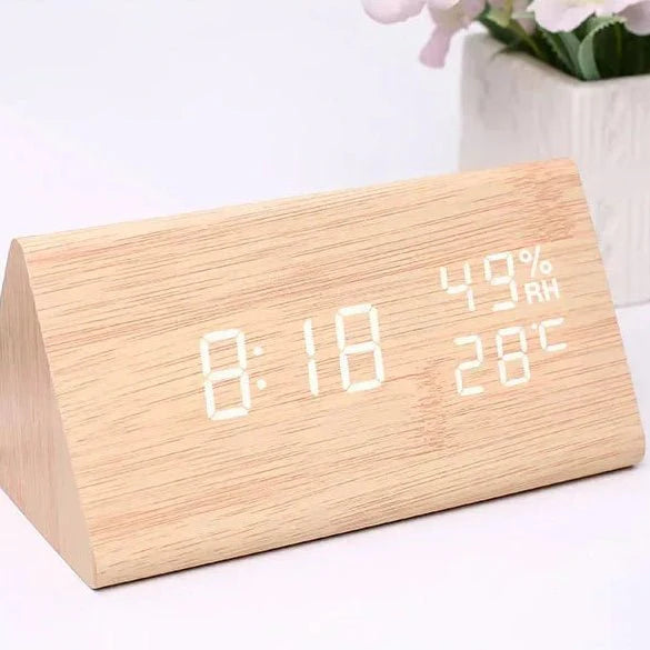 Wooden Look LED Alarm Clock with Three Alarms, Temperature Display, and Adjustable Brightness