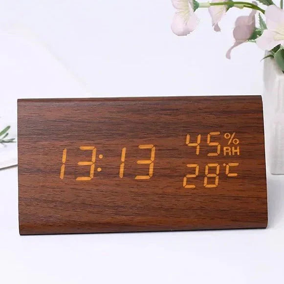 Wooden Look LED Alarm Clock with Three Alarms, Temperature Display, and Adjustable Brightness