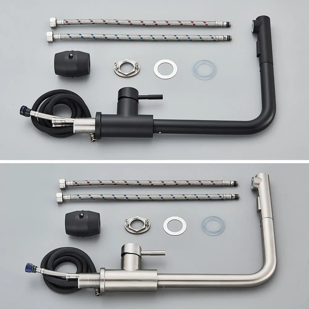 Pull-Out Kitchen Faucet - Flexible 2-Mode Stream and Spray Head, Stainless Steel Hot-Cold Water Mixing Fixture