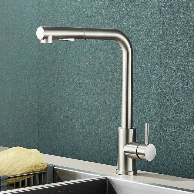 Pull-Out Kitchen Faucet - Flexible 2-Mode Stream and Spray Head, Stainless Steel Hot-Cold Water Mixing Fixture