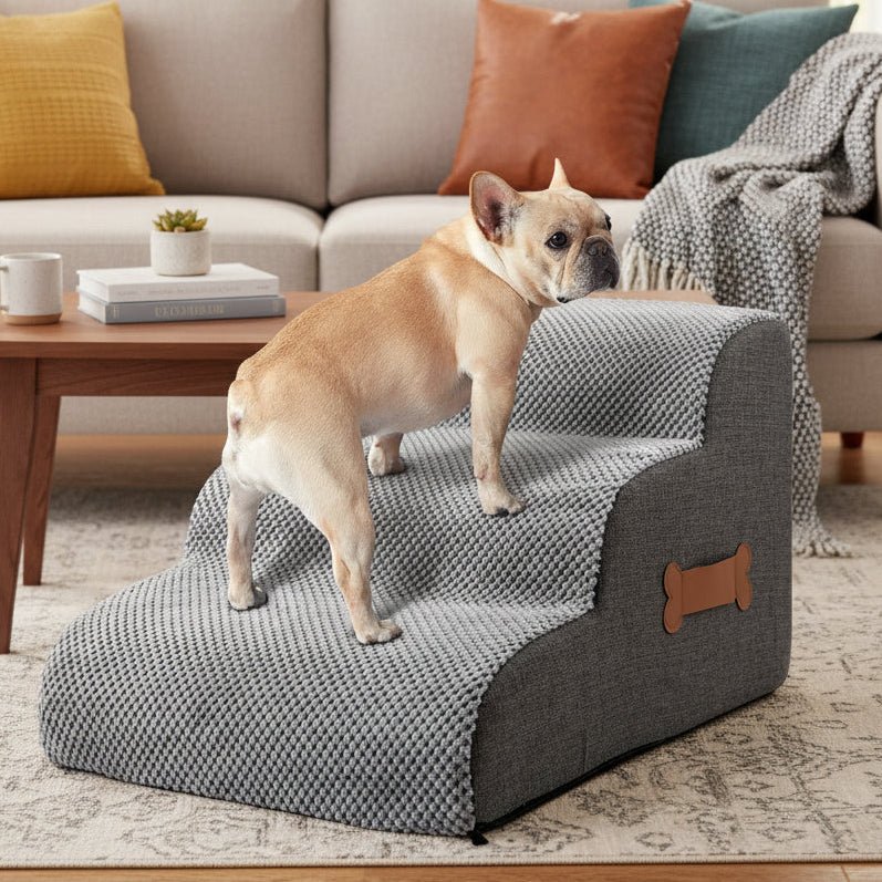 Soft Foam Dog Stairs with Joint-Friendly Incline, Non-Slip Base, and Washable Cover for Safe Bed and Sofa Access