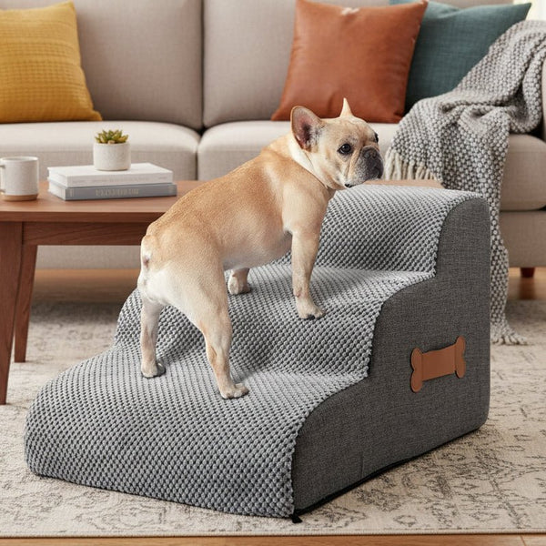 Soft Foam Dog Stairs with Joint-Friendly Incline, Non-Slip Base, and Washable Cover for Safe Bed and Sofa Access