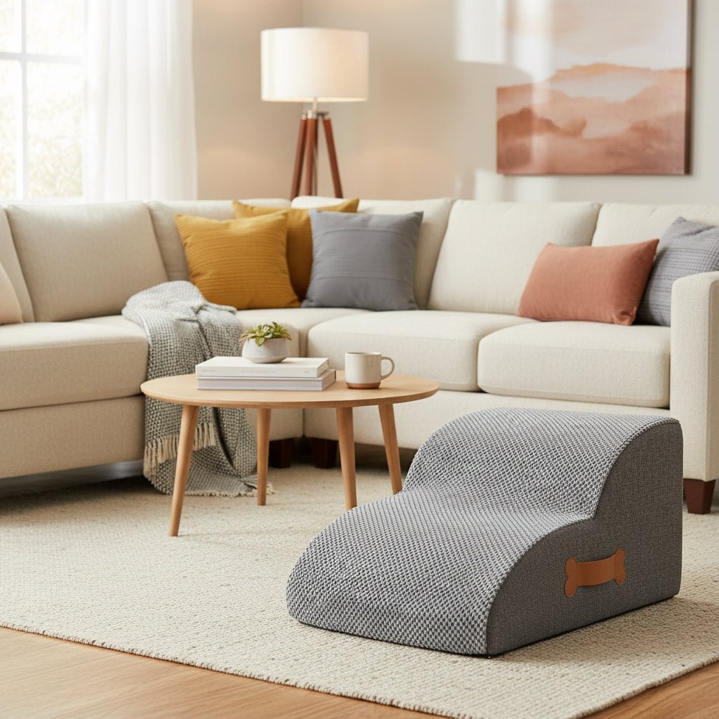 Soft Foam Dog Stairs with Joint-Friendly Incline, Non-Slip Base, and Washable Cover for Safe Bed and Sofa Access
