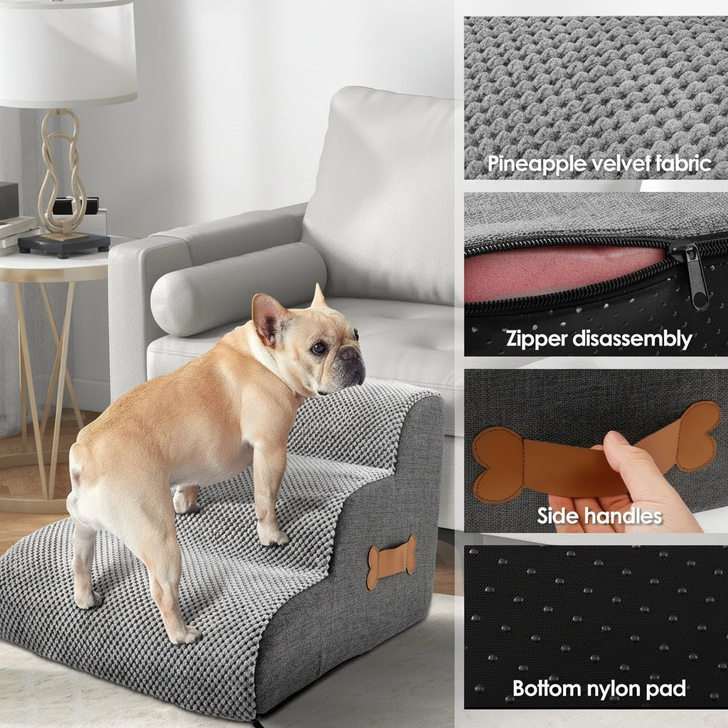 Soft Foam Dog Stairs with Joint-Friendly Incline, Non-Slip Base, and Washable Cover for Safe Bed and Sofa Access