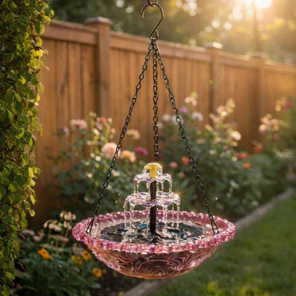 Solar-Powered Two-Tier Hanging Bird Bath with Fountain | Glass Bowl