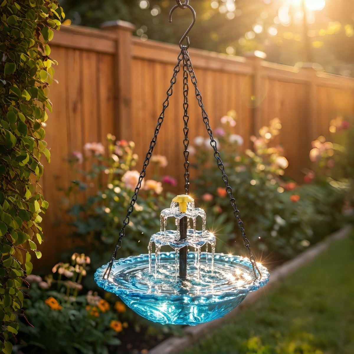 Solar-Powered Two-Tier Hanging Bird Bath with Fountain | Glass Bowl