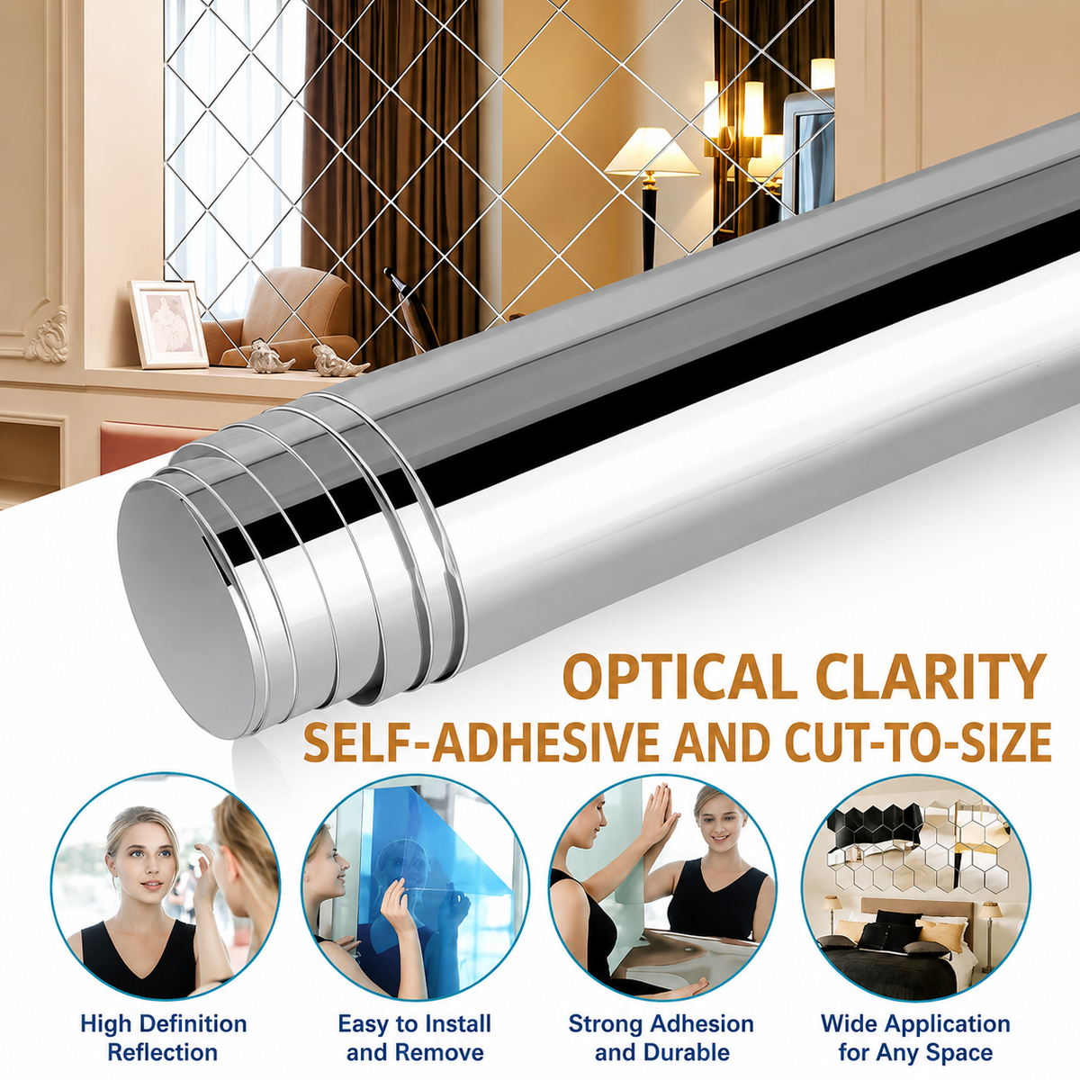Self-Adhesive Mirror Film | Shatterproof & Customizable | Crystal Clear Finish