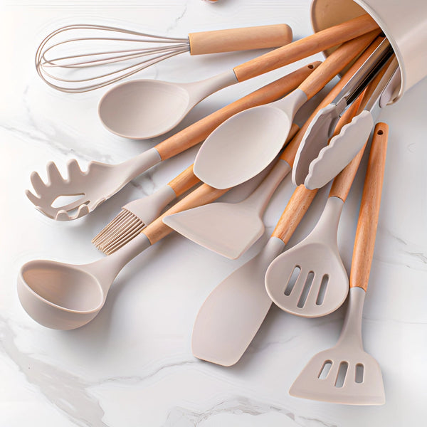 Eco-Friendly Silicone Kitchen Utensil Set with Bamboo Handles
