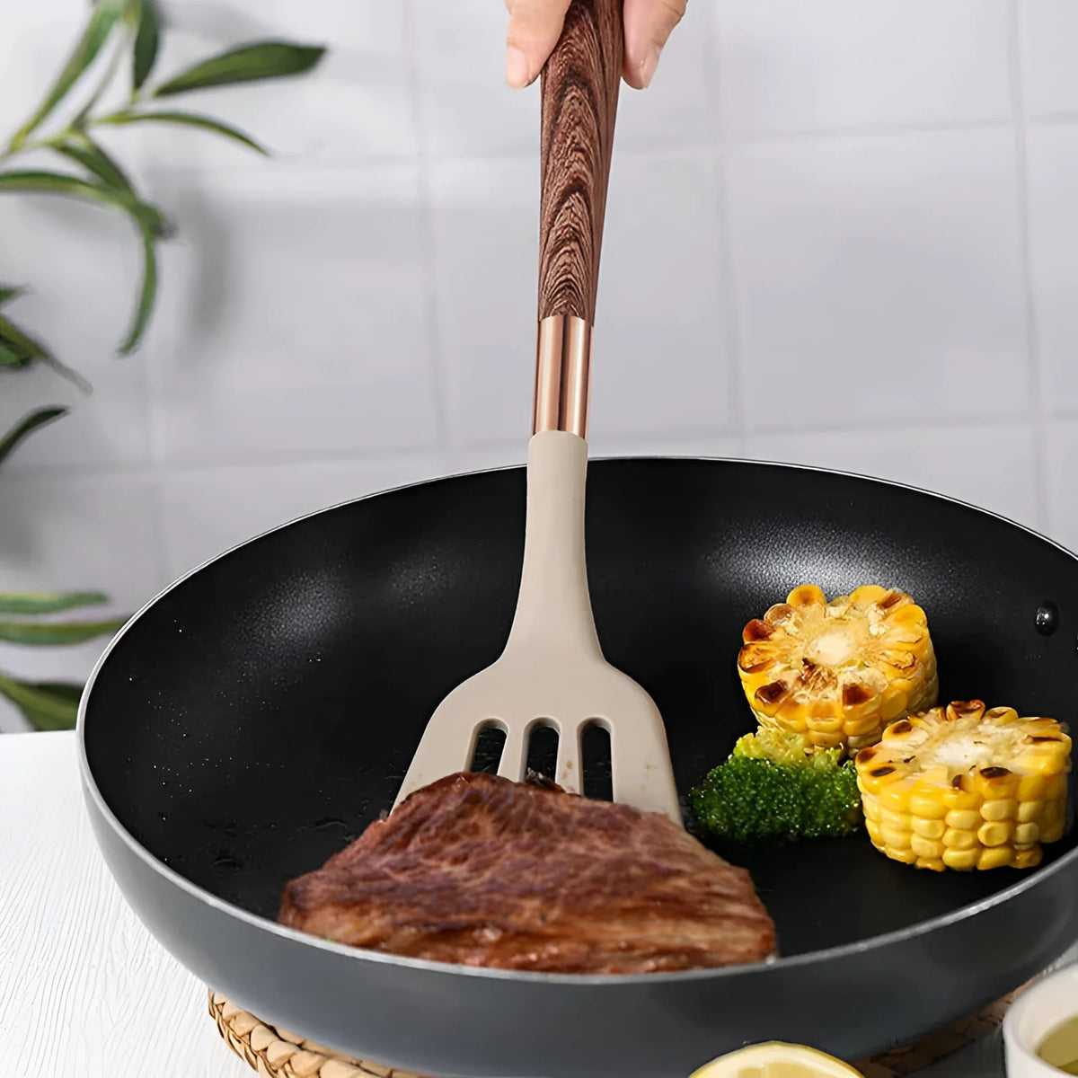 Premium Kitchen Utensils Set - Copper and Wood Handles, Silicone Tools