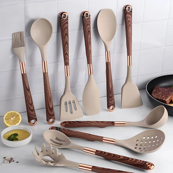 Premium Kitchen Utensils Set - Copper and Wood Handles, Silicone Tools