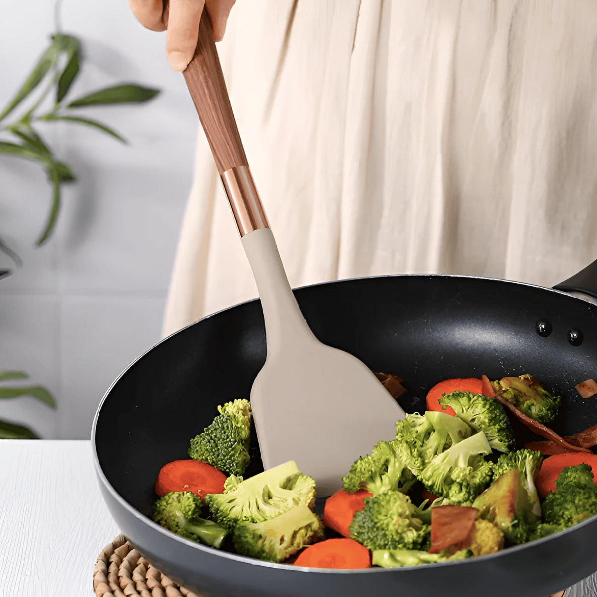 Premium Kitchen Utensils Set - Copper and Wood Handles, Silicone Tools