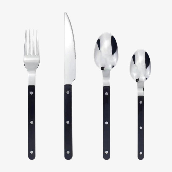 Contemporary Stainless Steel Cutlery Set - 24-Piece Flatware with Black Handles