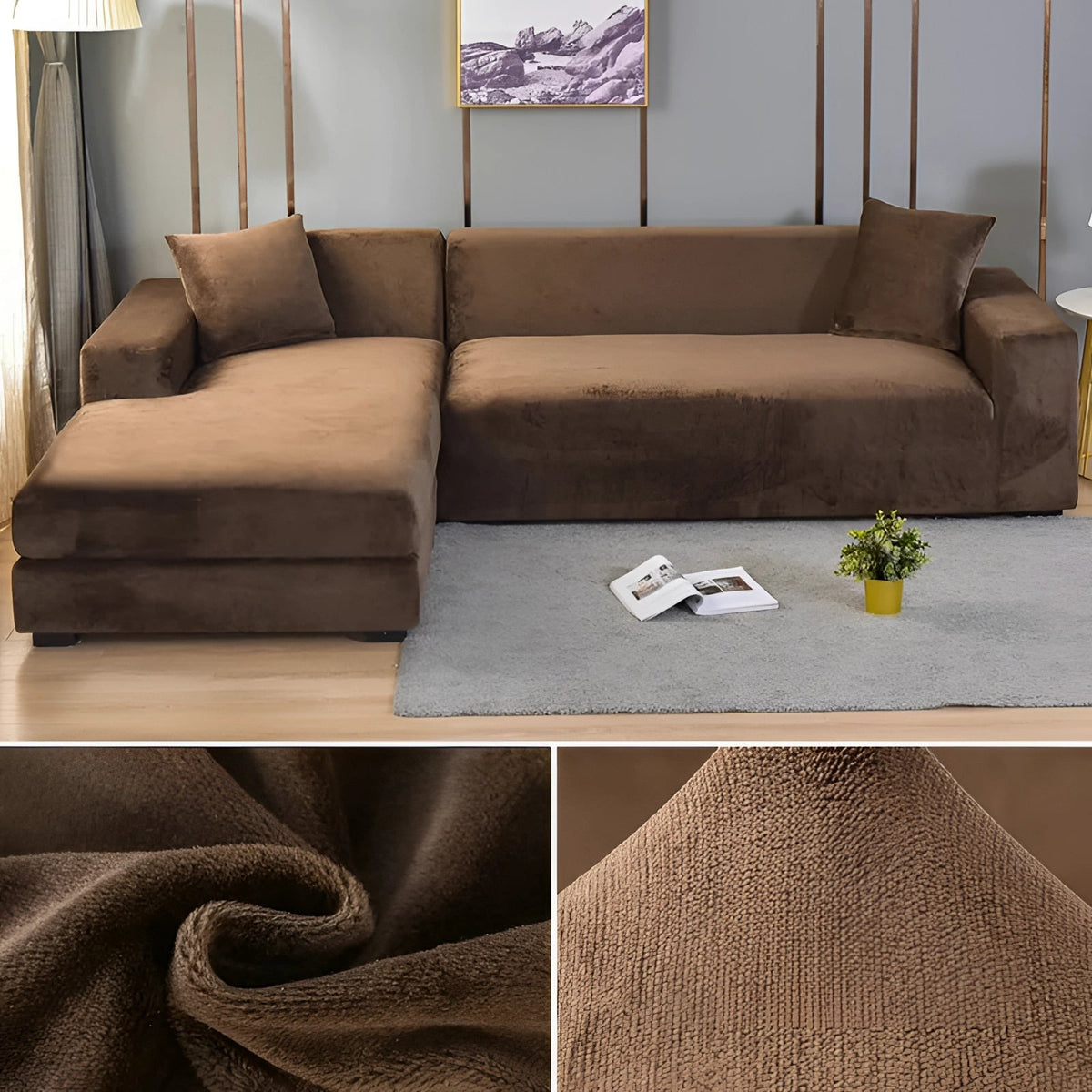 Contemporary Velvet Sectional Sofa Cover - Grey Chaise Lounge, Elegant Furniture Protector