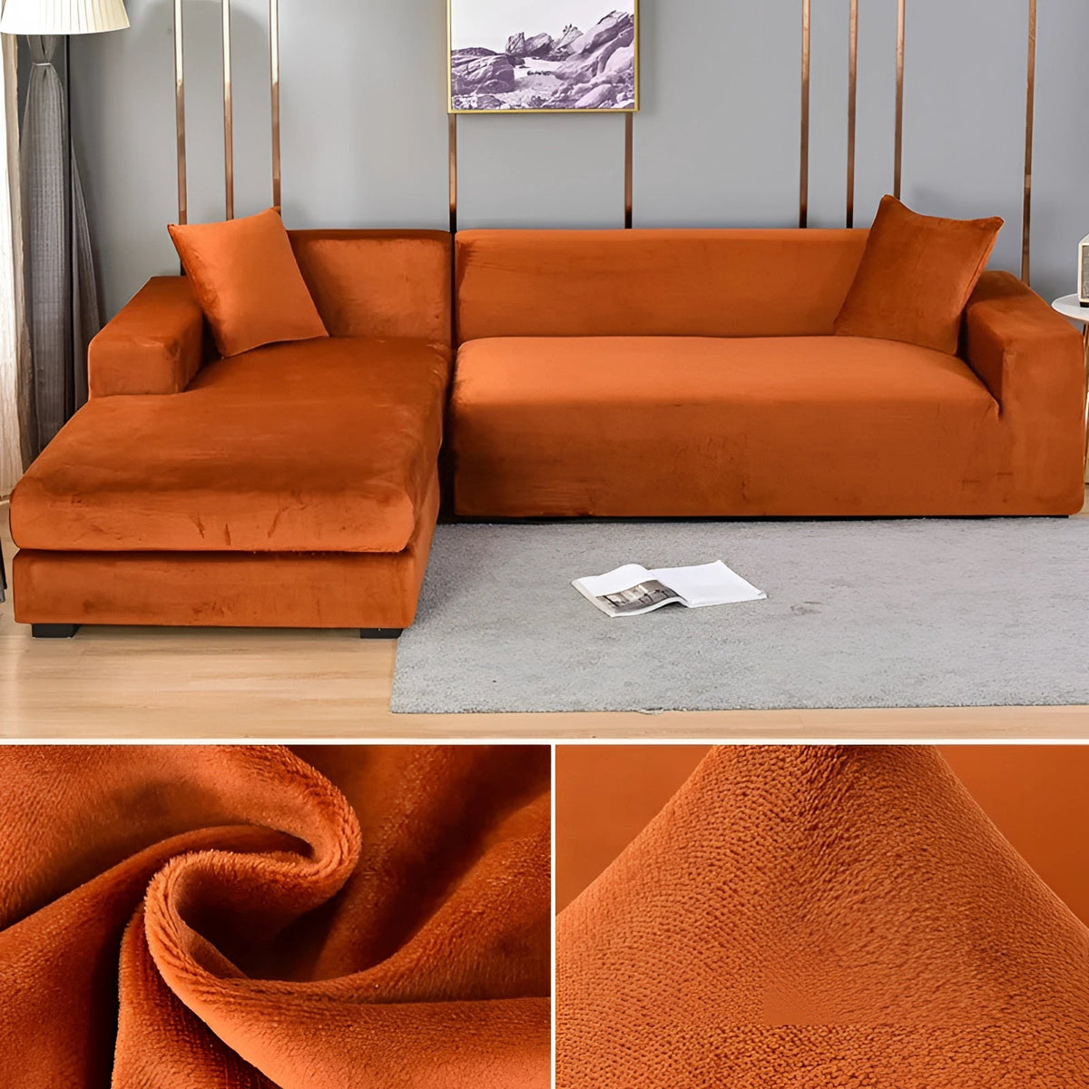 Contemporary Velvet Sectional Sofa Cover - Grey Chaise Lounge, Elegant Furniture Protector