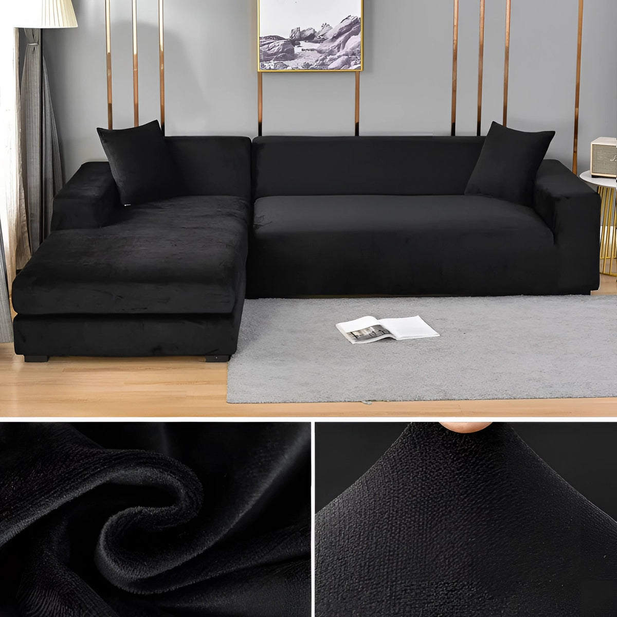 Contemporary Velvet Sectional Sofa Cover - Grey Chaise Lounge, Elegant Furniture Protector