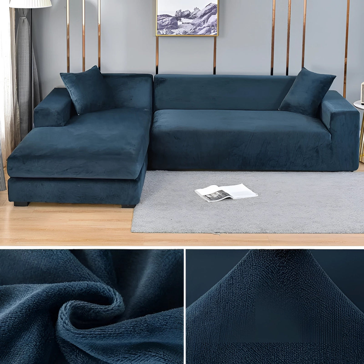 Contemporary Velvet Sectional Sofa Cover - Grey Chaise Lounge, Elegant Furniture Protector