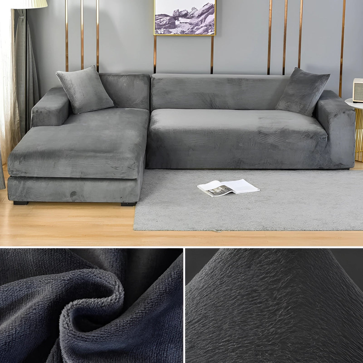 Contemporary Velvet Sectional Sofa Cover - Grey Chaise Lounge, Elegant Furniture Protector