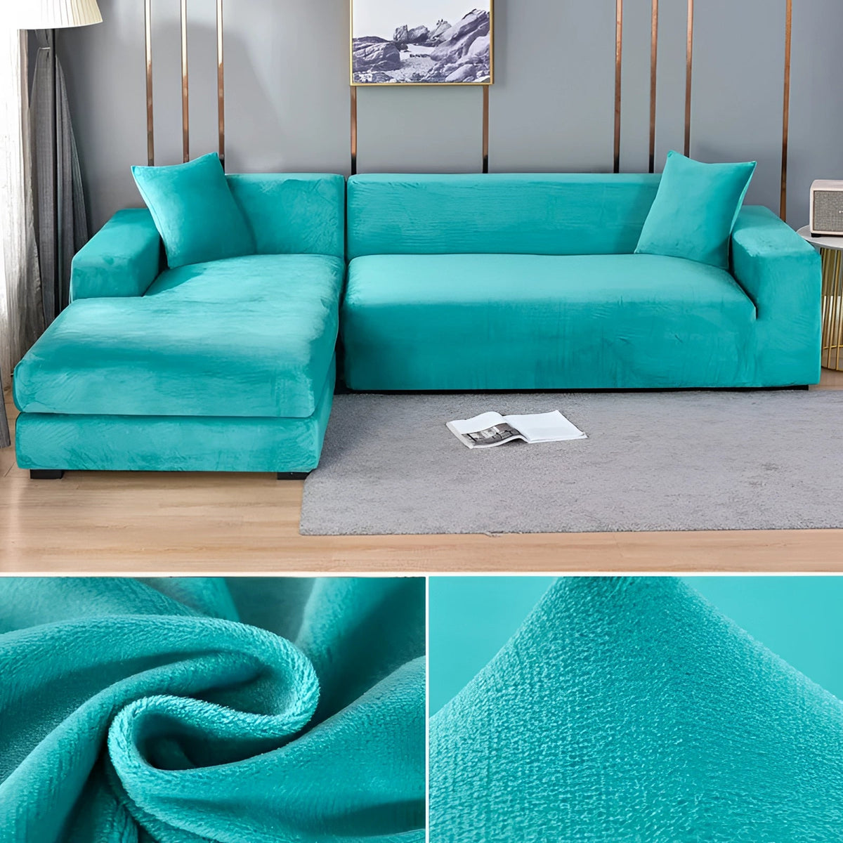 Contemporary Velvet Sectional Sofa Cover - Grey Chaise Lounge, Elegant Furniture Protector