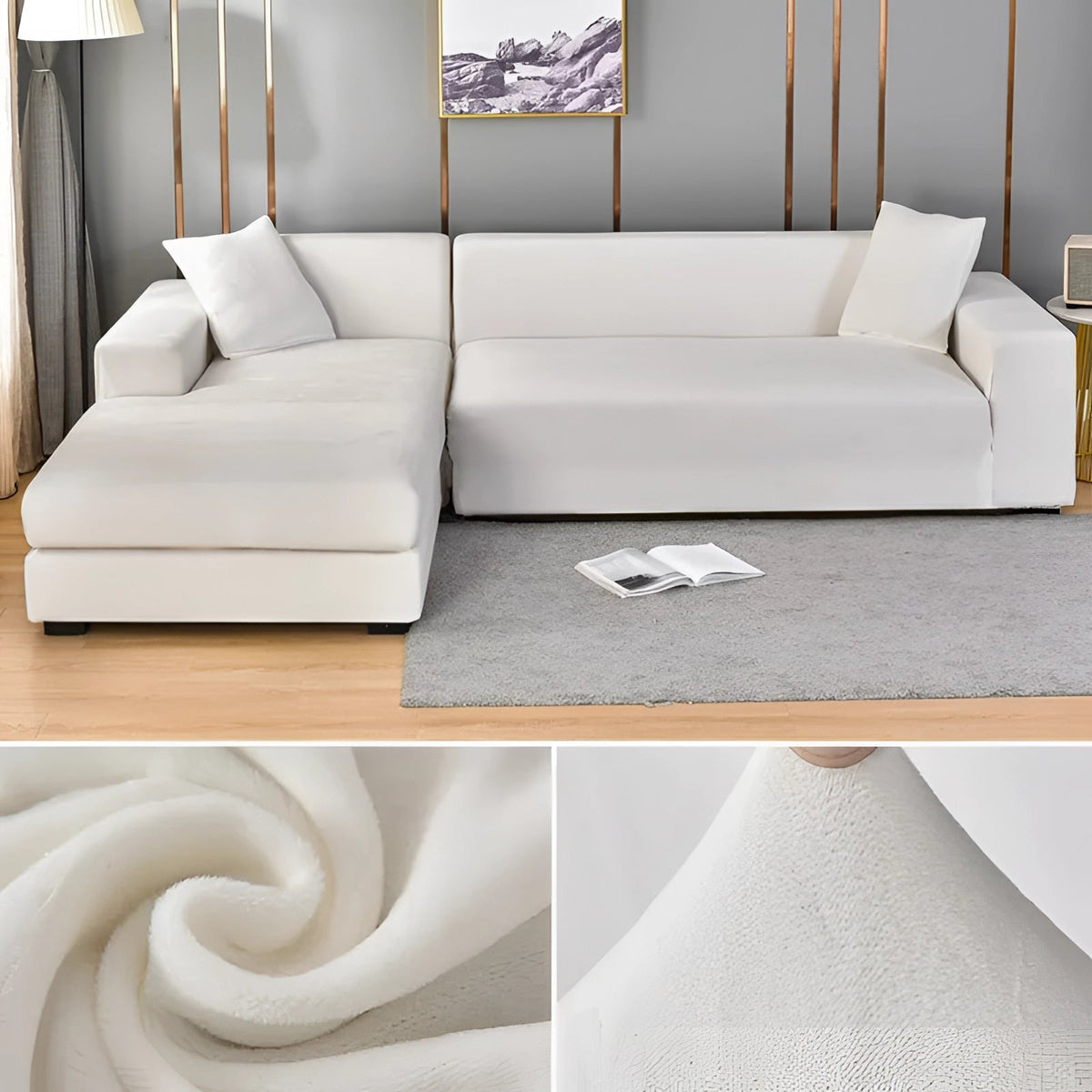 Contemporary Velvet Sectional Sofa Cover - Grey Chaise Lounge, Elegant Furniture Protector