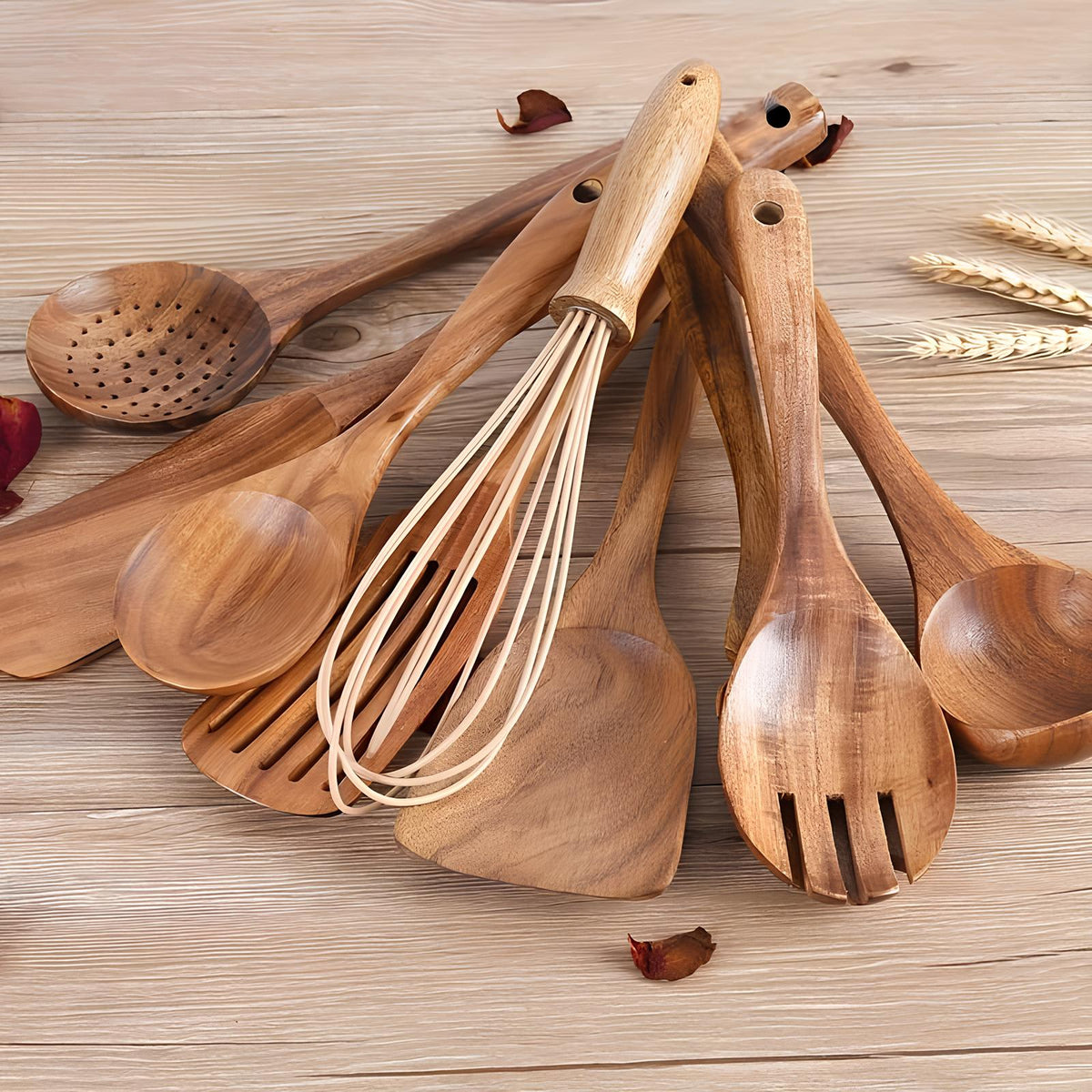 11-Piece Teak Kitchen Tool Set with Holder - Natural Wood