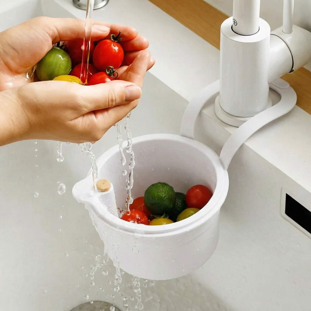 Two-Part Hanging Draining Basket with One-Click Emptying Feature