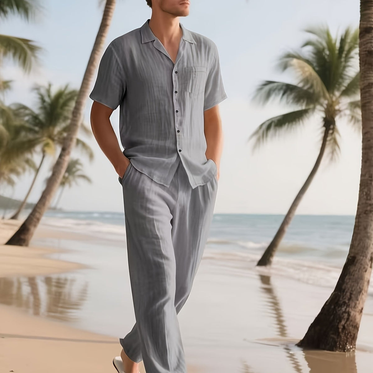 Men's Relaxed Linen Outfit – Lightweight and Breezy with Long Pants and Short Sleeves