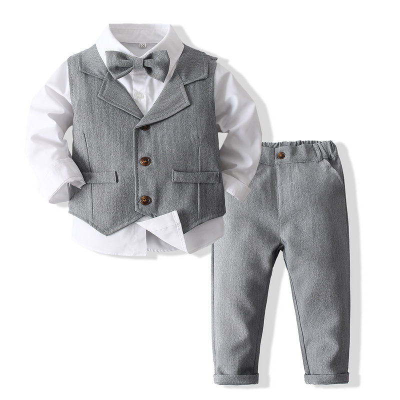 Trendy Boys' 3-Piece Suit – Blue Shirt, Vest, Pants, and Bow Tie
